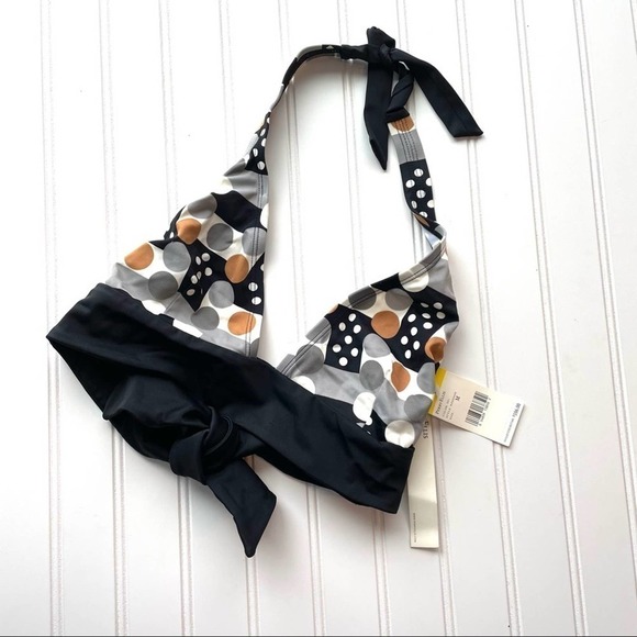 Cute bikini top Perry Ellis triangle Halter Black gray size Medium Polka Dot nwt - Picture 2 of 9
